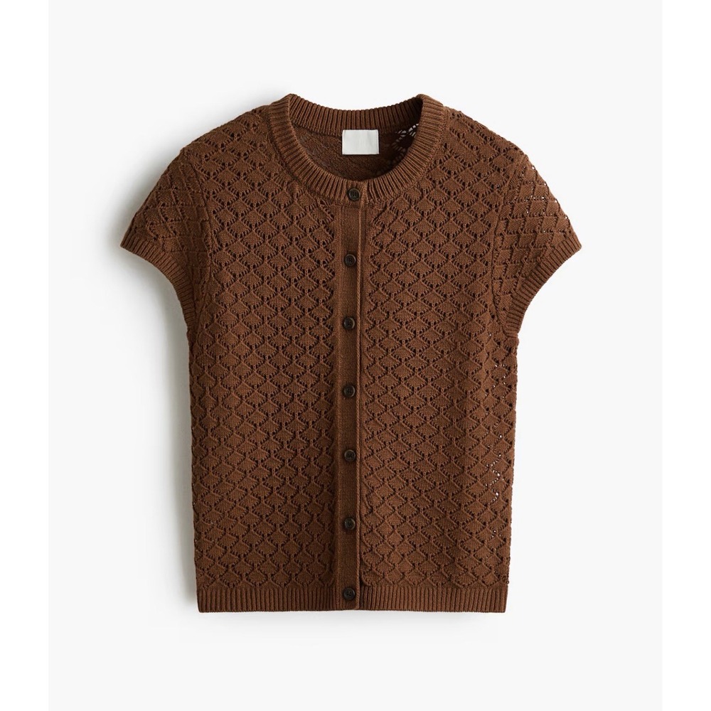 H&M Women's XS POINTELLE-KNIT CARDIGAN Shirt Cotton Fall Crochet Brown Sweater